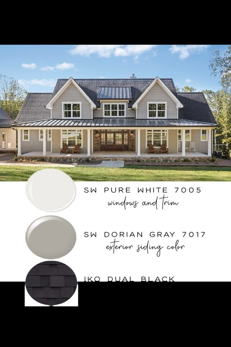 House Exterior Colors Schemes With Black Windows, Farmhouse Exterior Paint Colors Grey, Color Exterior House Ideas, Garage Siding Ideas Exterior Colors, Dark Gray Modern Farmhouse Exterior, Greige House Exteriors Black Windows, Modern Farmhouse Grey Exterior, Brick And Siding Exterior Combinations Farmhouse, Exterior Farmhouse Color Schemes