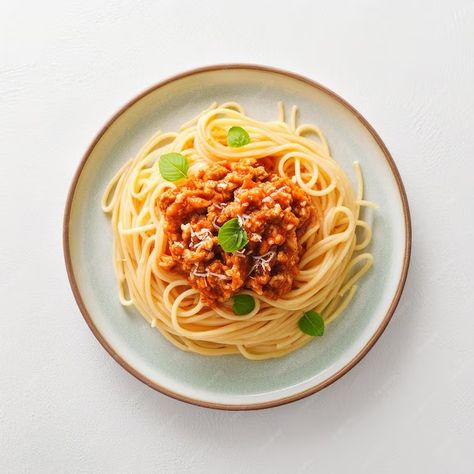 Premium Photo | Spaghetti Bolognese Top View on White Background Pasta Dish White Background Food Photography, Food Photography White Background, Spaghetti Photography, Food Photography Pasta, Pasta Food Photography, Rigatoni Alla Norma, Pasta Png, Food Top View, Bolognese Spaghetti