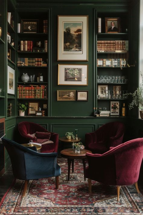 Create a moody, vintage office with these tips on the perfect antiques and decor items to use. Whimsigoth Home Office, Speakeasy Home Office, Dumbledoors Office, Dark Academia Office Library, Old World Maximalism, Old World Study, Old World Library Room, Old English Library Study, Old Hollywood Office