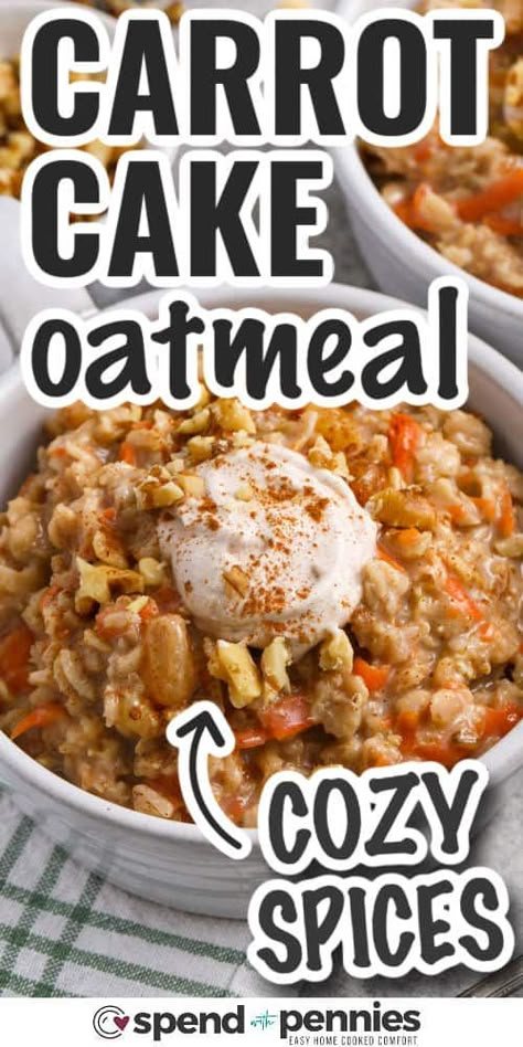 Start your morning right with a batch or two of this creamy, delicious carrot cake oatmeal! Stir shredded carrots and warm spices into wholesome oatmeal, and top it off with a swirl of homemade cream cheese yogurt. Make it into overnight oats or bake it in the oven instead of the stovetop, any way you cook it it's a surefire breakfast hit! #spendwithpennies #carrotcakeoatmeal #carrotcakeoatmealrecipe #healthycarrotcakeoatmeal Healthy Chocolate Oatmeal, Oatmeal Carrot Cake, Yogurt Toppings, Bowl Of Oatmeal, Homemade Cream Cheese, Breakfast Oatmeal Recipes, Dessert For Breakfast, Carrot Cake Oatmeal, Main Dish Casseroles