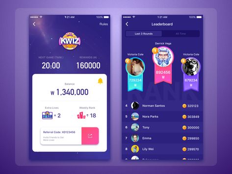 Kwiz Leaderboard Ui Design, Ranking Ui, Leaderboard Design, Ranking List, Games App, App Design Layout, Android App Design, App Screen, Game Gui