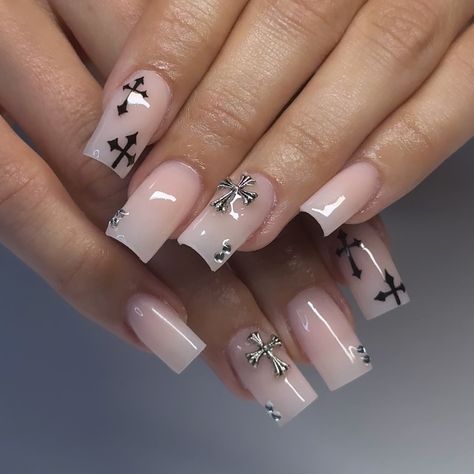 🖤 • • • #nailzzbylo #nailsnailsnails #nailart #naildesign #nailideas #nailinspo #chromehearts #nailaddict #naildesigns #covinanails #sandimasnails #626nails Gel X Tapered Square, Acrylic Nails Short Cross Design, Medium Y2k Nails, Nail Ideas Cross, Cross Nails Short, Cross Design Nails, Nails Cross Design, Cross Nails Design, Short Nail Designs Square