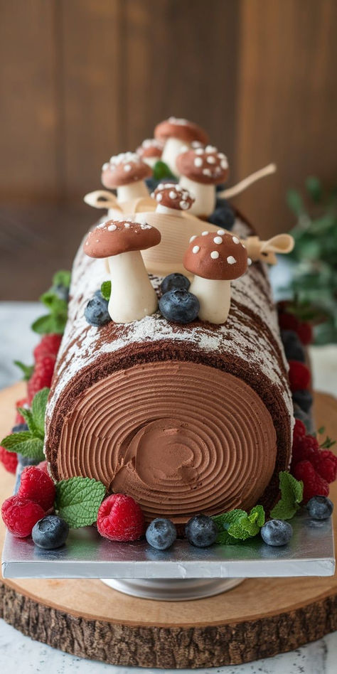 This Yule Log (Bûche de Noël) is a Christmas favorite! Rolled with creamy filling and topped with chocolate “bark,” it’s a decadent dessert that looks as festive as it tastes—perfect for sharing with loved ones this holiday season. Christmas And Cream, Edible Holly Decoration, Yule Log Cupcakes, Holiday Yule Log Cake, Eggnog Yule Log, Chocolate Yule Log Decoration, Christmas Yule Log Cake Decoration, Chocolate Yule Log Cake, Yule Logs Recipe