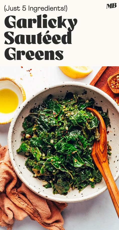 VERSATILE Sautéed Greens! Delicious with kale, chard, mustard greens, and more. 5 ingredients and 30 minutes! #minimalistbaker #easyrecipes #sauteedgreens Kale Recipes Sauteed, Heart Snacks, Sautéed Greens, Sauteed Greens, Chard Recipes, Butternut Squash Pasta, Green Chef, Sauteed Kale, Turnip Greens