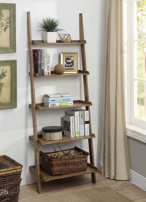 Convenience Concepts American Heritage 5-Shelf Ladder Bookcase, Driftwood - Walmart.com - Walmart.com Ladder Shelf Office Decor, Ladder Bookshelves Living Room, Ladder Style Bookshelf, Book Shelf Ladder Decor, Ladder Bookcase Diy, Coastal Bookshelf Decor Living Room, Ladder Bookcase Styling, Ladder Bookcase Decor, Latter Book Shelf