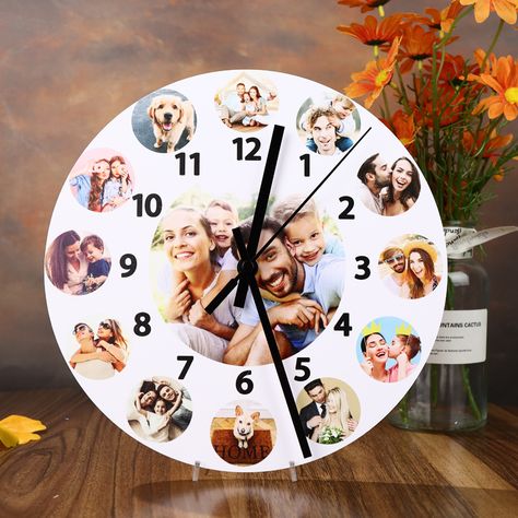 Custom photo silent clock Walking Photo, Photo Wall Clocks, Clock Template, Photo Clock, Wooden Living Room, 1st Birthday Pictures, Custom Clocks, Floral Cards Design, Diy Photo Frames