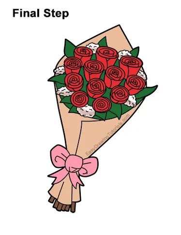 Bucket Of Flowers Drawing, Rose Boquet Drawing, Bouquet Of Roses Painting, How To Draw A Bouquet Of Roses, Cartoon Bouquet Of Flowers, Drawing Of Flower Bouquet, Bouquet Of Flowers Aesthetic Drawing, Bouquet Of Flower Drawing, Drawing Of Bouquet Of Flowers