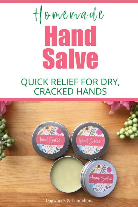 Gardening can really dry out your hands. This easy homemade gardener's salve will soothe your skin with nourishing ingredients. Made with only 5 ingredients, this is a perfect gift for Mother's Day. #dogwoodsanddandelions #DIY #giftideas Diy Hand Moisturizer, Cracked Hands Remedy, Diy Hand Lotion, Hand Lotion Recipe, Diy Balm, Dry Hands Remedy, Diy Salve, Hand Cream Recipe, Diy Hand Cream