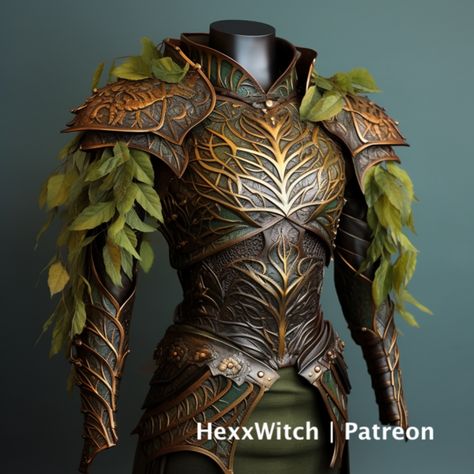 Leaf Armor Elves, Druid Armor Dnd, Flower Armor Design, Fey Armor, Elven Armor Female, Armor Ideas Design, Hide Armor Dnd, Leather Armor Design, Plant Armor