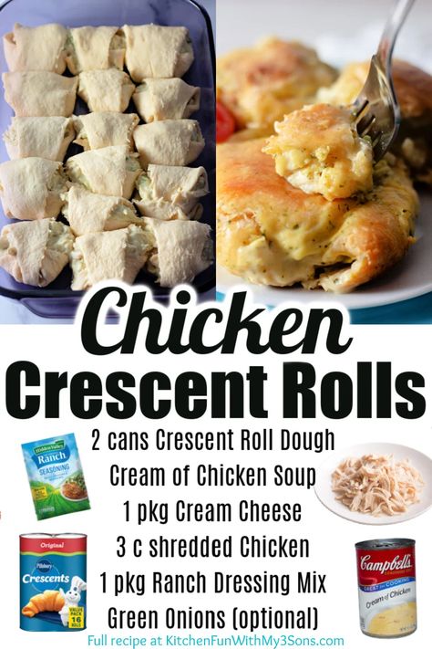 For a super flavorful chicken casserole, make these Chicken Crescent Rolls. Shredded chicken in a creamy sauce seasoned with ranch dressing, wrapped in crescent roll dough, then baked until golden--the whole family will love this chicken dinner! Crescent Roll Recipes Dinner, Chicken Crescent Rolls, Chicken Crescent, Crescent Recipes, Shredded Chicken Recipes, Chicken Rolls, Ranch Dressing Mix, Crescent Roll Recipes, Roll Recipes