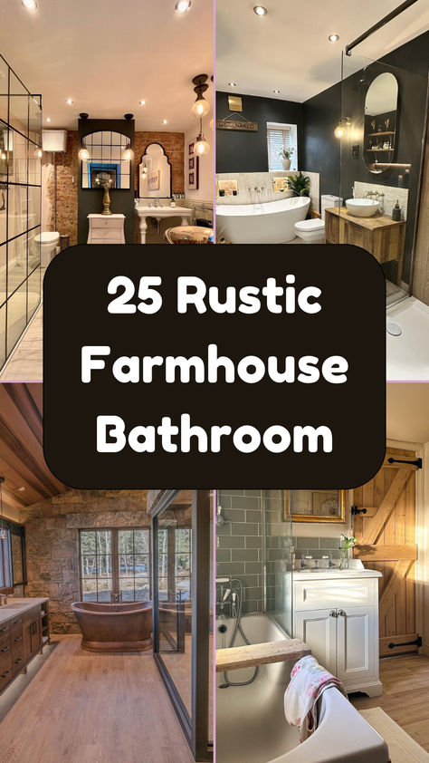 Collage of rustic farmhouse bathroom designs featuring elements like natural wood, stone accents, freestanding tubs, and barn doors. Perfect inspiration for creating a cozy and timeless farmhouse bathroom retreat! Black Rustic Bathroom Ideas, Restroom Remodel Ideas Farmhouse, Hunting Lodge Bathroom Ideas, Rustic Luxe Bathroom, Master Bath Vanity Ideas Double Sinks Rustic, Rustic Bath Tub Ideas, Black Farmhouse Master Bath, Rustic Shiplap Bathroom, Black And Stainless Steel Bathroom