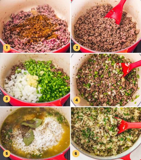 Ground Beef Dirty Rice, Dirty Rice Seasoning Recipe, Popeyes Cajun Rice Recipes, Zatarains Dirty Rice Recipe, Homemade Dirty Rice With Ground Beef, Cajun Ground Beef Recipes, Cajun Rice And Gravy, Southern Dirty Rice Recipe, Rice And Gravy Recipes Cajun