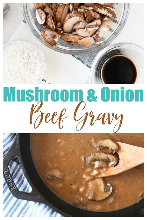 Irresistible Mushroom Onion Gravy Recipe - If you're looking for the best brown gravy recipe, you need to try this Mushroom Onion Gravy that's loaded with comforting, homestyle flavor. It's perfect for amplifying the flavor of Salisbury Steak, Steak Tips, or mashed potatoes. Believe me when I tell you, this gravy is truly irresistible! #beefgravy #mushroomgravy #mushroomandoniongravy #gravy #beefbroth via @sizzlingeats Mushroom Onion Gravy Recipe, Mushroom Brown Gravy Recipe, Best Brown Gravy Recipe, Mushroom Gravy For Steak, Salisbury Meatballs, Mushroom Onion Gravy, Brown Gravy Recipe Easy, Steak Stroganoff, Onion Gravy Recipe