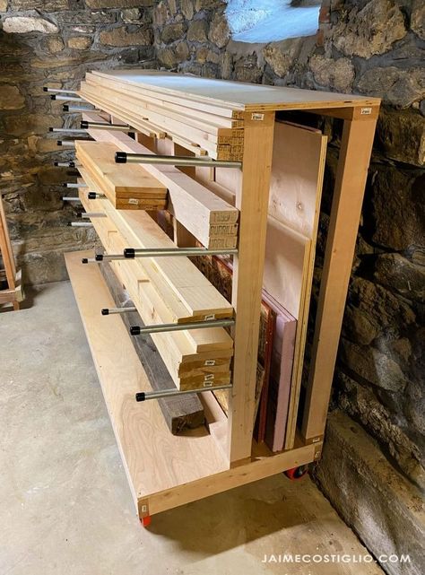 how to store wood in garage - Google Search Wood Storage Ideas Workshop, Spare Wood Storage, Timber Storage Ideas, Sheet Goods Storage, Scrap Wood Organizer, Wood Shed Organization, Workshop Wood Storage, Wood Workshop Layout, Garage Wood Storage