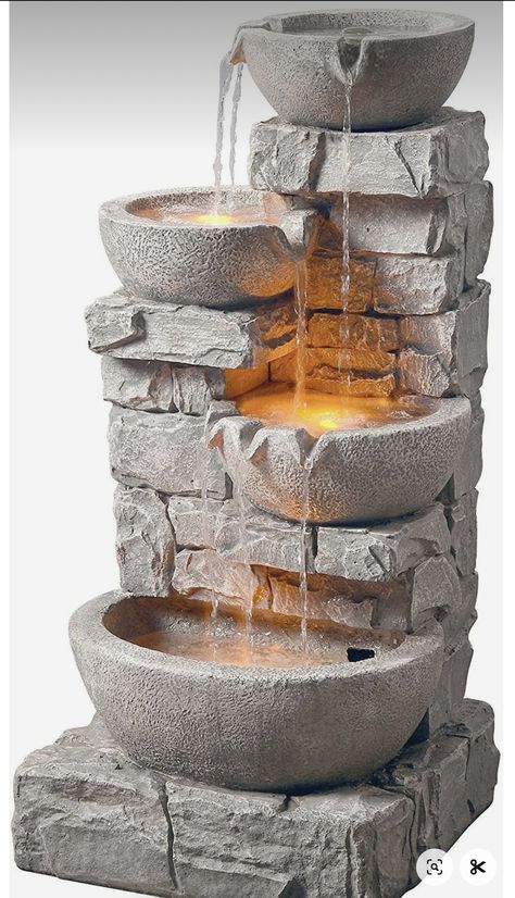 Cascading Fountains Made Of Dishes, Backyard Decking, Stone Waterfall, Kolam Air, Water Fountain Design, Kolam Koi, Taman Air, Diy Water Fountain, Garden Water Fountains