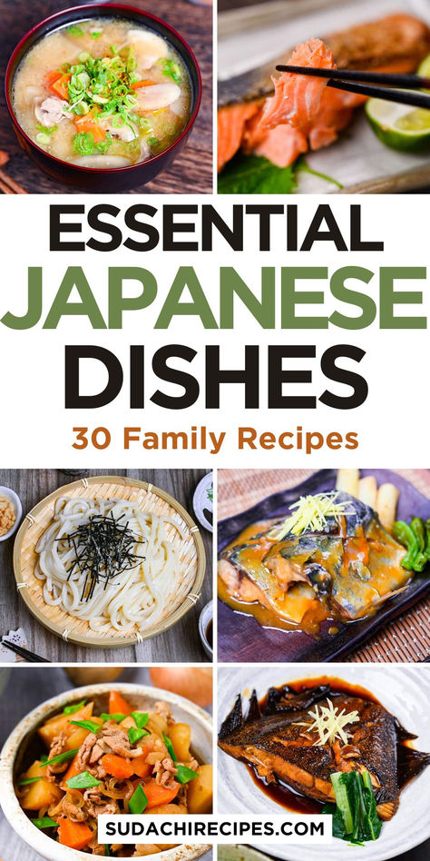 Traditional Japanese family recipes featuring miso soup, sashimi, udon noodles, simmered fish, and hearty stews arranged in a collage Authentic Japanese Recipes Healthy, Teishoku Recipes, Asian Cooking Essentials, Japanese Meal Prep For The Week, Traditional Japanese Dishes, Healthy Cultural Recipes, Japanese Anime Food Recipes, Japanese Recipe Ideas Dinner, Traditional Japanese Dinner