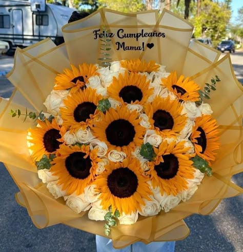 White Roses + Sun Flowers 🌻 Sunflower With Roses Bouquet, Roses And Sunflowers Bouquet, Rose And Sunflower Bouquet, Flower Bouquet Sunflower, Sunflower Bouquet Gift, Roses Bouquet Gift, Ribbon Flowers Bouquet, Birthday Flowers Bouquet, Graduation Flowers