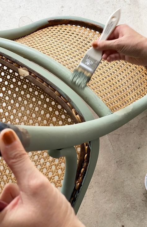 Green Cane Chair, How To Paint Cane Furniture, Old Chairs Makeover, Green Kitchen Chairs, Cane Chairs Painted, Cane Outdoor Furniture, Thrift Home Decor, Cane Chair Makeover, Vintage Chairs Makeover