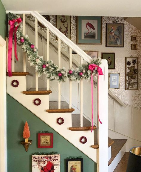 Pink Christmas Garland, Christmas Staircase Garland, Andy Williams Christmas, Christmas Garland Staircase, Christmas Banister, Yule Decor, Norman Rockwell Christmas, Christmas Stairs Decorations, Unique Christmas Decor