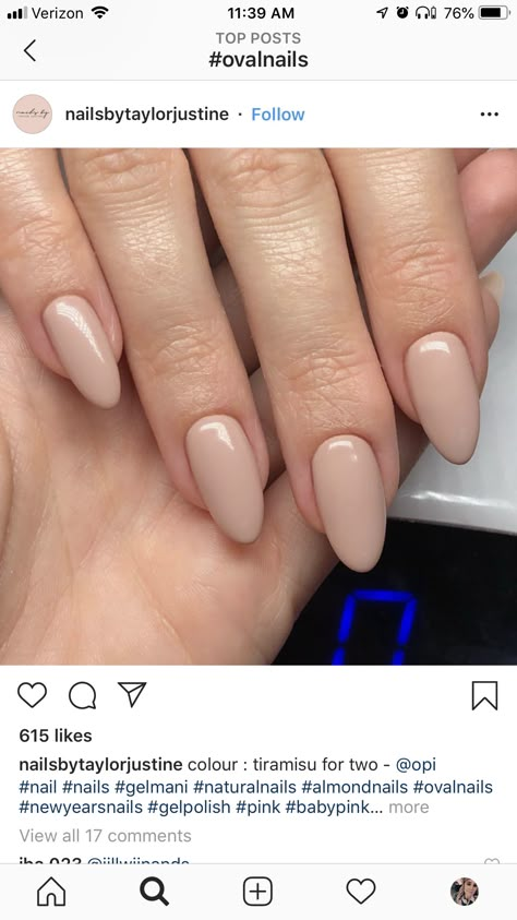 Short Almond Acrylic Nails Beige, Oval Nails Beige, Beige Nails Almond Shape, Almond Tan Nails, Tiramisu Nail Color, Tan Opi Gel Polish, Simple Cream Nails, Opi Tiramisu For Two Gel, Bone Color Nails