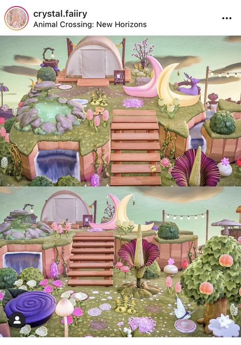 Acnh Fairy Campsite, Fairycore Campsite Acnh, Fairy Core Campsite Acnh, Acnh Campsite Designs Fairycore, Fairycore Campsite Animal Crossing, Acnh Fairy Island Ideas, Campsite Acnh Ideas, Fairy Core Island Animal Crossing, Animal Crossing Entrance Ideas Fairycore