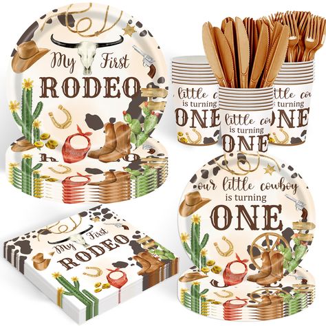 PRICES MAY VARY. 【Unique design】 The western wild cowboy tableware with classic cartoon images, bright prints and bright colors will create the most festive atmosphere for you and your guests. With its fashionable design and lovely characters, it will certainly be welcomed by children and adults! Make sure to meet their expectations! 【Serves 20 Guests】In Cowboy themed Party Packs,You will get ① 9inch Plate x20 ，② 7inch Plates x20，③ napkins x 20, ④ cups x 20, ⑤ knives x 20，⑥forks x 20 .Total 120P My First Rodeo Party, First Rodeo Party, Cowboy First Birthday, 1st Rodeo, Rodeo Birthday Parties, Rodeo Party, Bright Prints, Cowboy Baby Shower, Cowboy Birthday Party