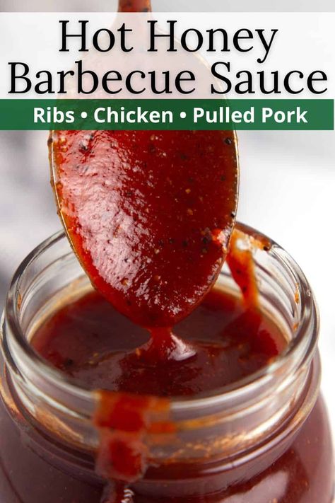 This Homemade Hot Honey BBQ Sauce Recipe is the perfect blend of sweet and heat! With just 5 minutes of prep, a few pantry staples, and a quick simmer, you’ll have a sauce that’s just right for ribs, brisket, chicken, or pulled pork. Hot Bbq Sauce Recipe, Homemade Bbq Sauce Easy, Sweet And Spicy Bbq Sauce Recipe, Honey Barbeque Sauce, Honey Bbq Sauce Recipe, Homemade Hot Honey, Easy Bbq Sauce, Make Bbq Sauce, Honey Barbecue Sauce