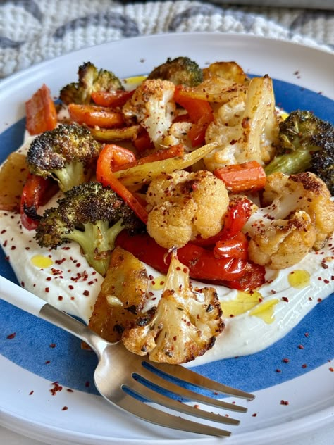 Garlic Roasted Vegetables with Whipped Feta Hungry Happens Recipes, Garlic Roasted Vegetables, Hungry Happens, Whipped Feta, Sheet Pan Meals, Roasted Vegetable, Broccoli Cauliflower, Pan Dinners, Veggie Side Dishes