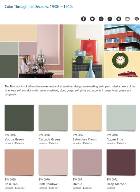 Color Through the Decades: 1930s – 1940s 1930s House Interior Paint Colors, 1930s Color Palette Interior Design, 1930s Interior Paint Colors, 1940 Home Decor Interior Design, 1940s Paint Colors, 1940s Interior Paint Colors, 1930s Paint Colors, Bungalow Interior Paint Colors, 1940s House Interior Design