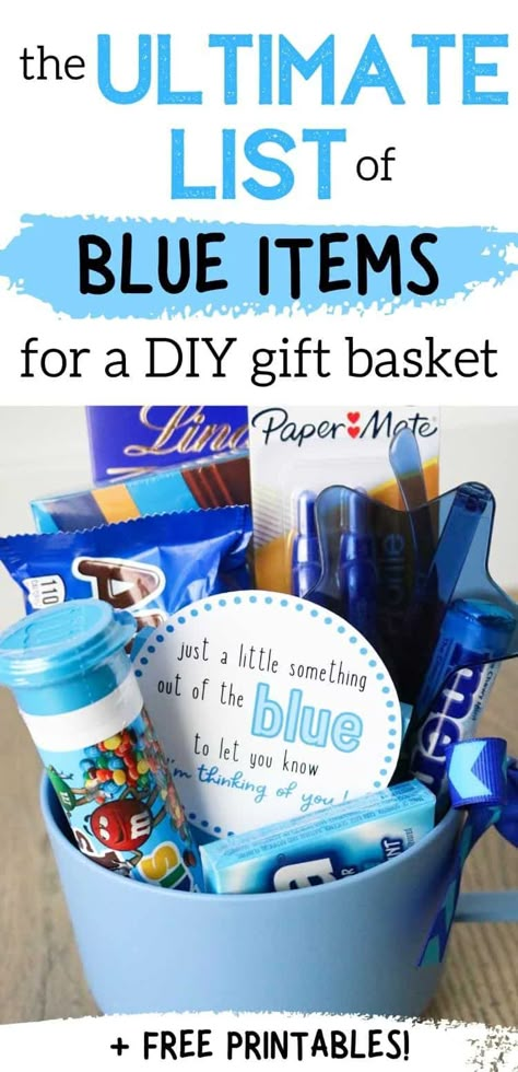 Blue Gift Basket Ideas, Blue Themed Gift Baskets, Gift Basket Ideas For Him, Color Party Ideas, Teacher Appreciation Gift Baskets, Blue Gift Basket, Theme Baskets, Themed Gift Ideas, Blue Basket