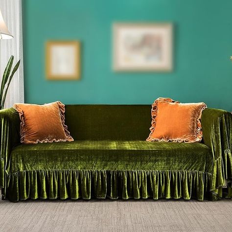 Amazon.com: GLORY SEASON Velvet Sofa Cover Soft Decorative Luxurious Solid Exquisite Ruffle Trim,Retro Farmhouse Vintage Sofa Slipcover Couch Cover for 2-3 Cushion Sofa for Living Room 1PC : Home & Kitchen Eclectic Maximalism Apartment, Old Couch Makeover Diy, Olive Green Couch Living Room Ideas, Couch Cover Ideas, Colorful Sofa Living Room, Green Velvet Couch, Velvet Sofa Cover, Post Modern Furniture, Slipcover Couch