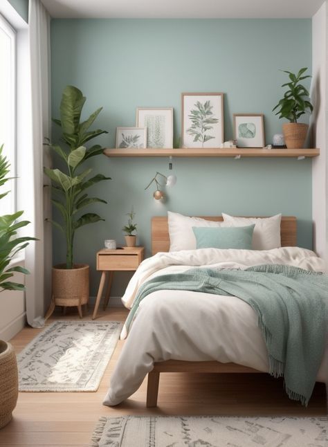 Pastel Minimalist Bedroom, Cozy Pastel Bedroom, Blue Green Bedrooms, Girls Blue Bedroom, Sage Green Bedroom Ideas, Light Blue Bedroom, Ideas Habitaciones, Bedroom Seating Area, Green Bedroom Ideas