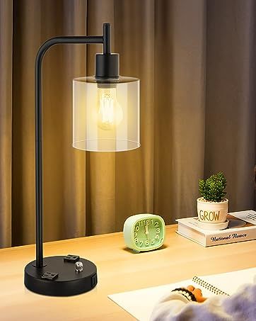 Upgraded Table Lamp, Fully Stepless Dimmable Desk Lamp with 2 USB Charging Ports and 2 AC Power Outlets, Modern Bedside Lamp with Glass Shade for Bedroom, Living Room, Office (Bulb Included) Dorm Lamp, Modern Bedside Lamp, Bedside Lamp Modern, Lamp With Glass, Lamps Bedroom, Modern Bedside, Dollar Store Hacks, Power Outlet, Ac Power