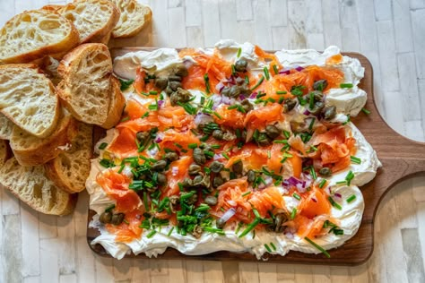 Smoked Salmon Cream Cheese Board Smoked Salmon Cheese Board, Cream Cheese And Lox Board, Salmon Grazing Board, Lox Board Smoked Salmon, Salmon Board Smoked, Cream Cheese Smoked Salmon Board, Cream Cheese Board With Salmon, Smoked Salmon Butter Board, Cream Cheese Salmon Board