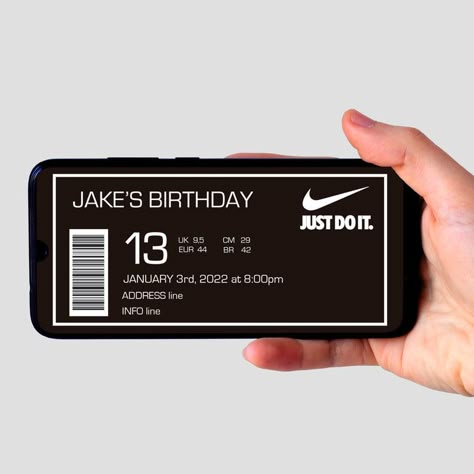 Nike Invitation, Teen Boy Birthday Party Ideas, Nike Birthday, Nike Party, Teen Boy Birthday, Sweet 16 For Boys, Sneaker Party, Sweet 16 Birthday Party Ideas, Sports Invitation