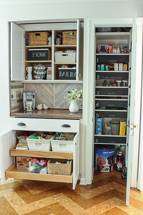 Pantry Reveal with Coffee Bar and Hidden Wine Storage - Pretty Handy Girl Closet Beverage Station, Turn Pantry Into Coffee Bar, Pantry Breakfast Bar, Pantry Coffee Bar Built Ins, Built In Coffee Bar And Pantry, Closet Converted To Coffee Bar, Dry Bar With Pantry Cabinet, Pantry Converted To Coffee Bar, Coffee Bar Storage Cabinets