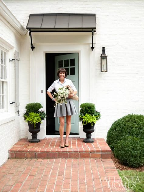 Meg Harrington in front of her front door, painted Wythe Blue by Benjamin Moore. Reading Canopy, Canopy Nook, Front Door Overhang, Front Door Awning, Front Door Planters, Door Overhang, Deck Canopy, Metal Awning, Curtains Farmhouse