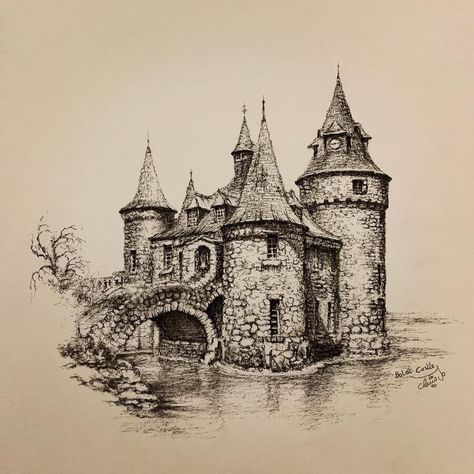 Castle Sketch, Charcoal Artists, Boldt Castle, Castle Tattoo, Castle Drawing, Building Drawing, Pen Art Drawings, Fantasy Drawings, Tower House