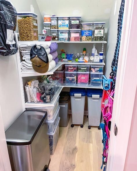 Mud Room Ideas Dog Food, Pet Cabinet Organization, Dog Drawer Organization, How To Store Dog Stuff, Dog Organizer Ideas, Dog Cabinet Organization, Dog Storage Organization, Dog Clothing Storage Ideas, Dog Boarding Storage Ideas