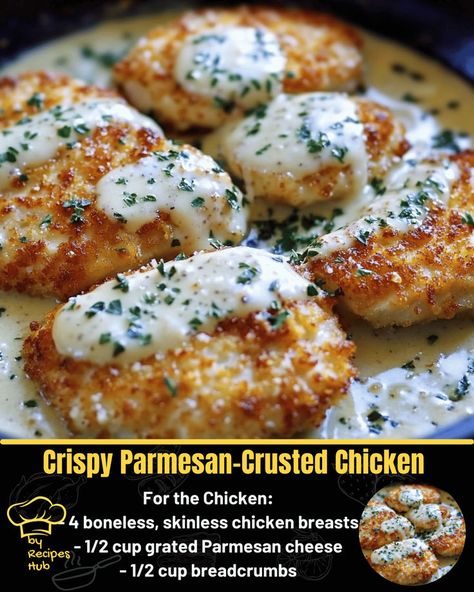 Crispy Parmesan-Crusted Chicken with Creamy Garlic Parmesan Sauce Parmesan Herb Crusted Chicken, Easy Parmesan Crusted Chicken, Creamy Garlic Parmesan Sauce, Creamy Parmesan Chicken, Recipes With Parmesan Cheese, Butter Chicken Recipe Easy, Chicken Parmesan Recipe Easy, Crusted Chicken Recipes, Garlic Parmesan Sauce