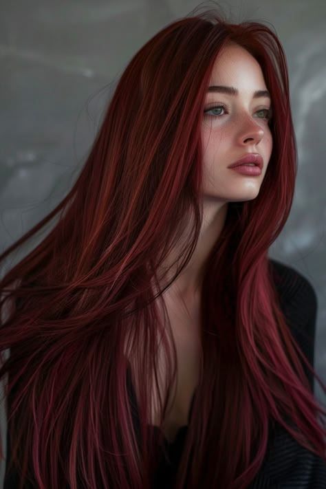 Long Red Hair Blue Eyes, Red Color On Brown Hair, Red Hair For Cool Skin Tones, Cool Toned Red Hair, Scarlet Red Hair, Red Hair Bright, Red Hair Red Eyes, Red Hair Art, Scarlet Hair