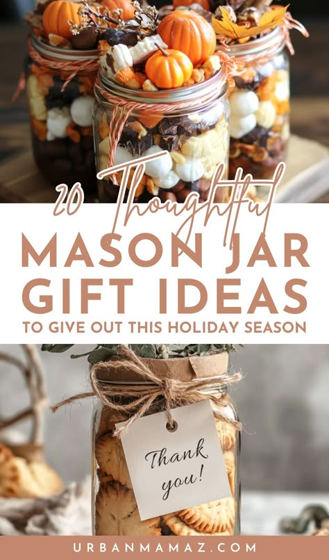 Looking for thoughtful mason jar gift ideas to give out this holiday season? Check out these 20 mason jar gift ideas you have to try this holiday! Mason Jar Wrapping Ideas, Pint Jar Gifts Christmas, Christmas Mason Jars Gifts, Gifts With Mason Jars, Small Holiday Gift Ideas, Thrifted Gift Ideas, Mason Jar Decorating Ideas, Christmas Gift In A Jar, Candy Jar Gift Ideas