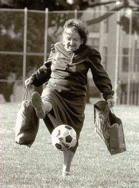 Bieber, Tim - Old Woman Kicking Soccer Ball Vintage Foto's, 얼굴 드로잉, Young At Heart, Old Woman, Jolie Photo, Old People, Aging Gracefully, Forever Young, Growing Old