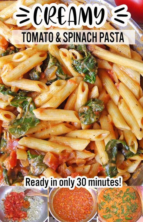 Spinach Tomato & Garlic Penne Pasta - Cakescottage Garlic Penne Pasta, Tomato And Spinach Pasta, Spinach Tomato Pasta, Spinach Pasta Recipes, Penne Pasta Recipes, Spinach Tomato, Pasta Penne, Italian Night, Cholesterol Recipes