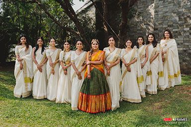 A Mesmerizing Wedding In Aamby Valley with Ethnic South Indian Themed Haldi ! South Indian Bride Haldi Outfit, South Indian Look For Haldi, South Indian Wedding Theme, South Indian Wedding Color Palette, South Indian Wedding Bridesmaids, South Indian Haldi Outfit, Family Theme Dress For Indian Wedding, South Indian Wedding Outfits Sisters, South Indian Mehendi