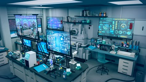 Sci Fi Science Lab, Scifi Medical Bay, Sci Fi Office Concept Art, Sci Fi Lab Aesthetic, Robotics Lab Aesthetic, Sci Fi Med Bay, Futuristic Science Lab Aesthetic, Sci Fi Lab Concept Art, Futuristic Laboratory Concept Art