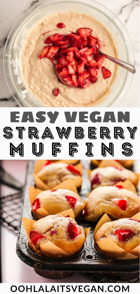 This vegan strawberry muffins recipe is low calorie, low fat and ready in less than 30 minutes. Moist, fluffy and surprisingly healthy, this easy recipe makes 36 mini muffins or 12 large ones. If you're looking for vegan brunch recipes or vegan breakfast recipes, you've come to the right place. You could also eat these as vegan dessert recipes. Add bananas or rhubarb for an added treat. Can be gluten free (GF) as well. #veganstrawberrymuffins #veganmuffins #strawberries #veganbreakfastrecipes Strawberry Banana Bread Muffins, Vegan Strawberry Muffins, Strawberry Muffins Healthy, Strawberry Muffin Recipes, Strawberry Banana Bread, Almond Muffins, Strawberry Muffins, Vegan Muffins, Banana Bread Muffins