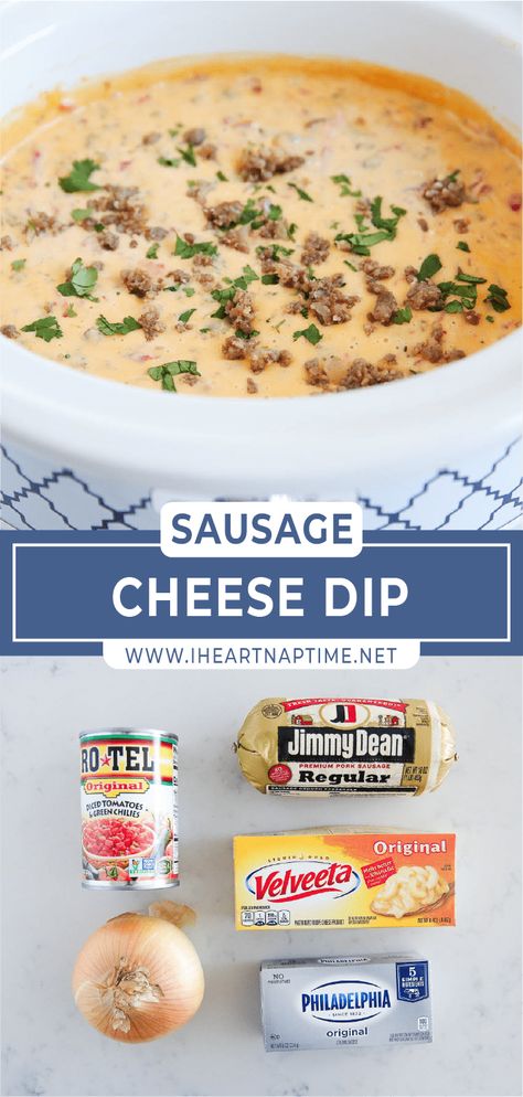 This easy slow cooker party dip is an easy appetizer made with just 5 ingredients, including Velveeta, Rotel, and chunks of juicy sausage. It's a sausage cream cheese Rotel dip that everyone will rave about! Rotel Queso Dip Crock Pots, Rotel Dip Crockpot Cream Cheese, Queso Rotel Dip Crockpot, Rotel Dip With Cream Cheese And Velveeta, Rotel And Sausage Dip, Velvets Rotel Cheese Dip, Rotel Cheese Dip With Cream Cheese, White Rotel Dip Crock Pot, Cheese Dip With Rotel