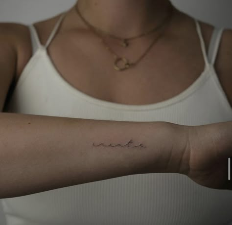 One Word Tattoo Placement Ideas, Elegant Name Tattoos For Women, Writing Tattoos For Women Placement, Dainty Last Name Tattoo, Fine Line Word Tattoo Placement, Small Writing Tattoo Placement, Fine Line Name Tattoo Arm, Pretty Tattoo Placement, Name Tattoos For Women Forearm