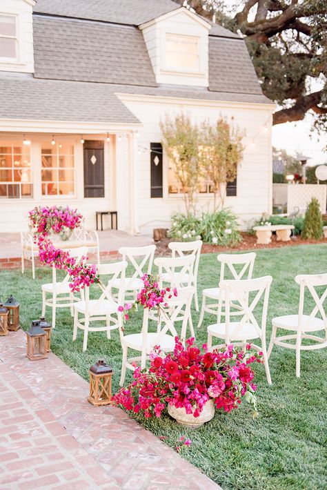 wedding seating - photo by 1985Luke Photography http://ruffledblog.com/lush-wedding-inspiration-with-a-bougainvillea-backdrop Bougainvillea Backdrop, Bougainvillea Decor, Bougainvillea Wedding, Pink Wedding Decor, Hanging Centerpiece, White Wedding Ceremony, Magenta Wedding, Lush Wedding, Ceremony Chairs